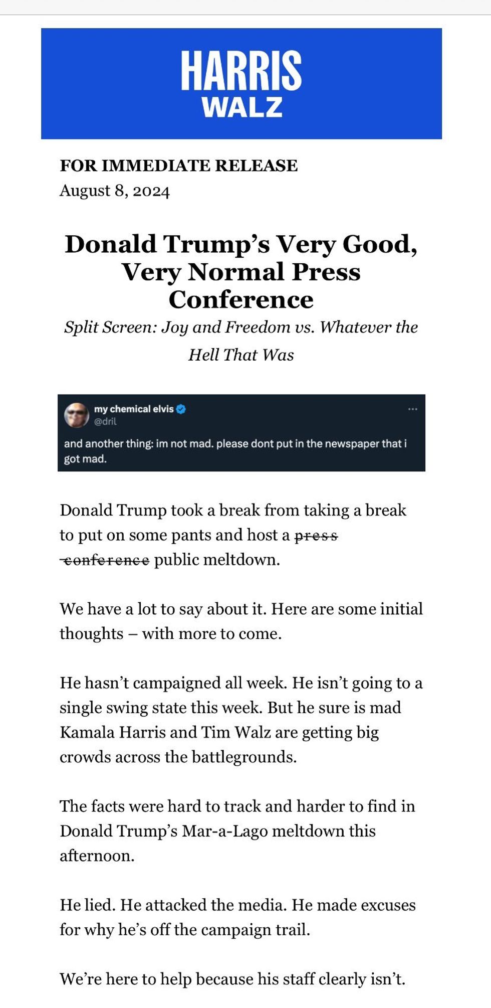 Screenshot of the Harris campaign's press release about Donald Trump's press conference.