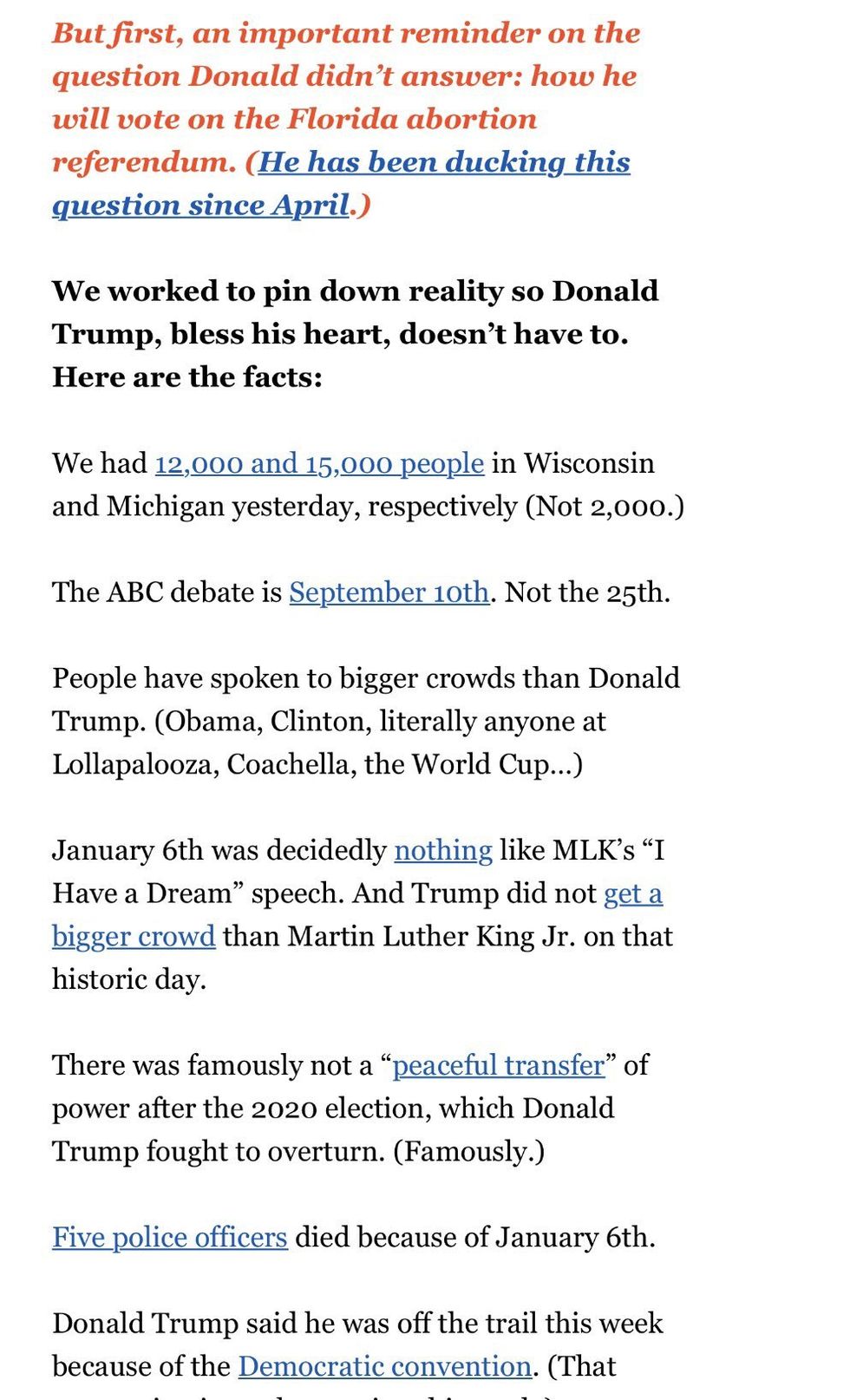 Screenshot of the Harris campaign's press release about Donald Trump's press conference.