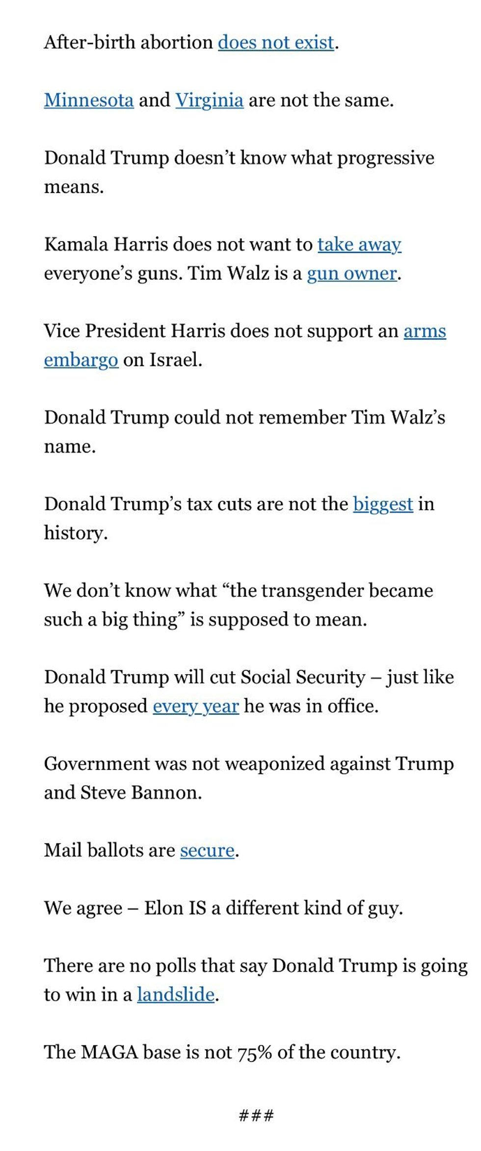 Screenshot of the Harris campaign's press release about Donald Trump's press conference.