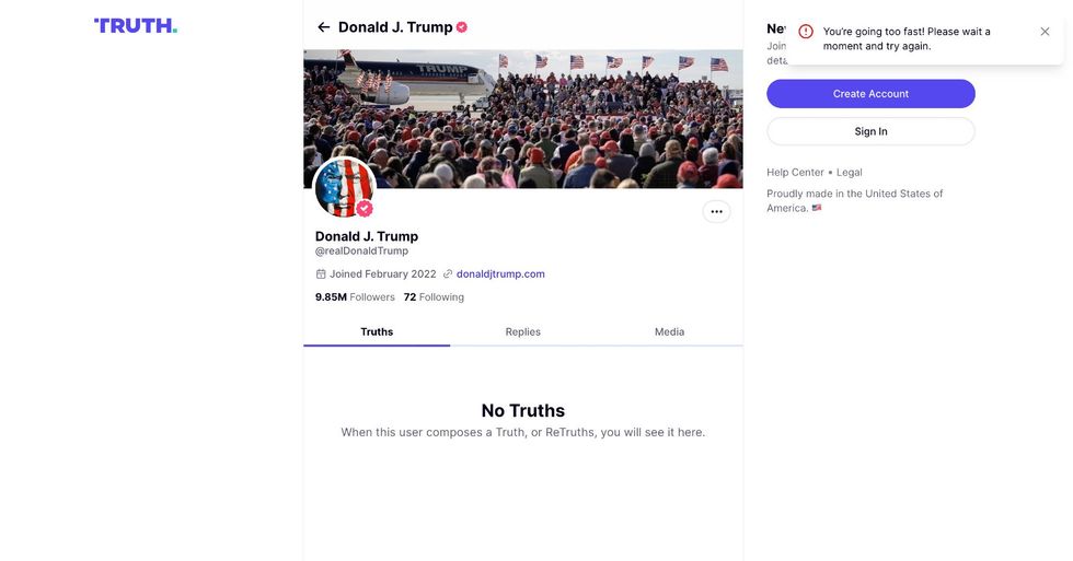 Screenshot of the "no truths" message on Donald Trump's Truth Social profile