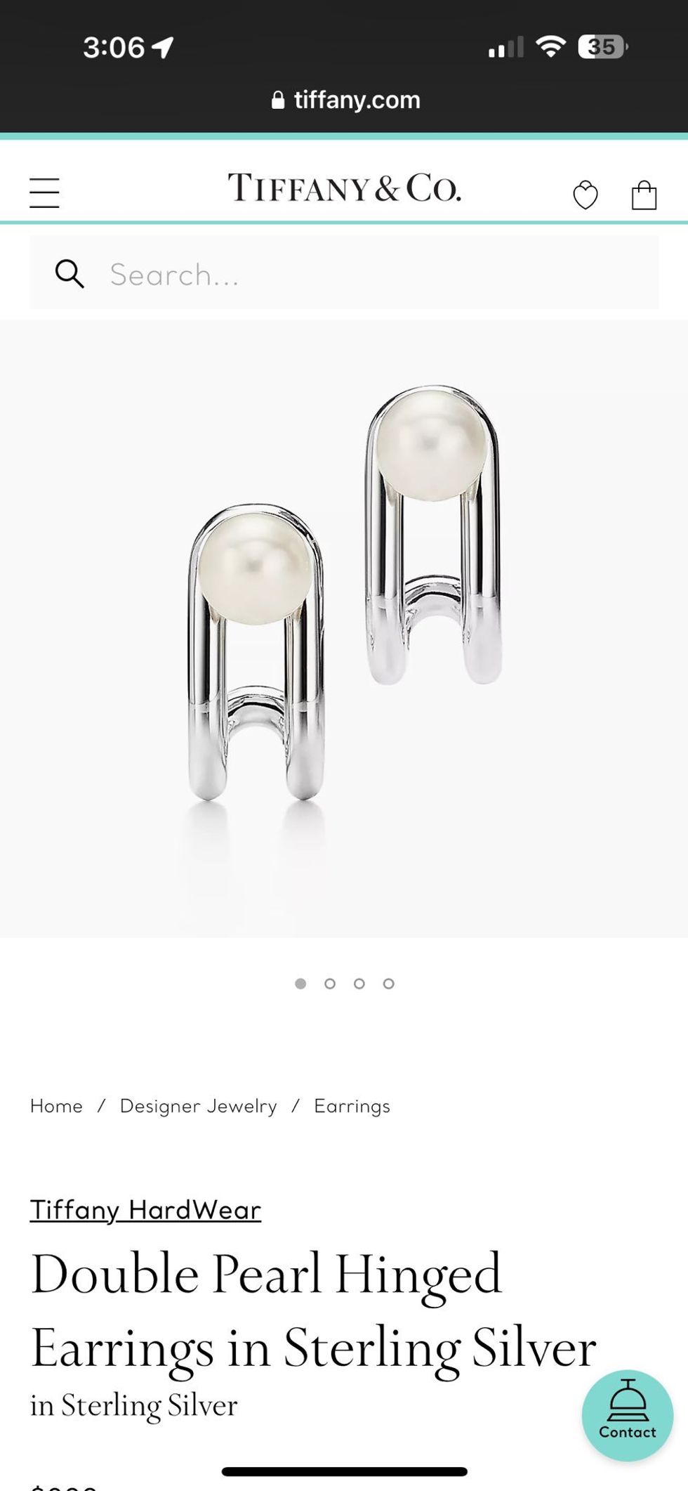 Screenshot of Tiffany & Co website showing Double Pearl Hinged Earrings in Sterling Silver from the Hardwear collection