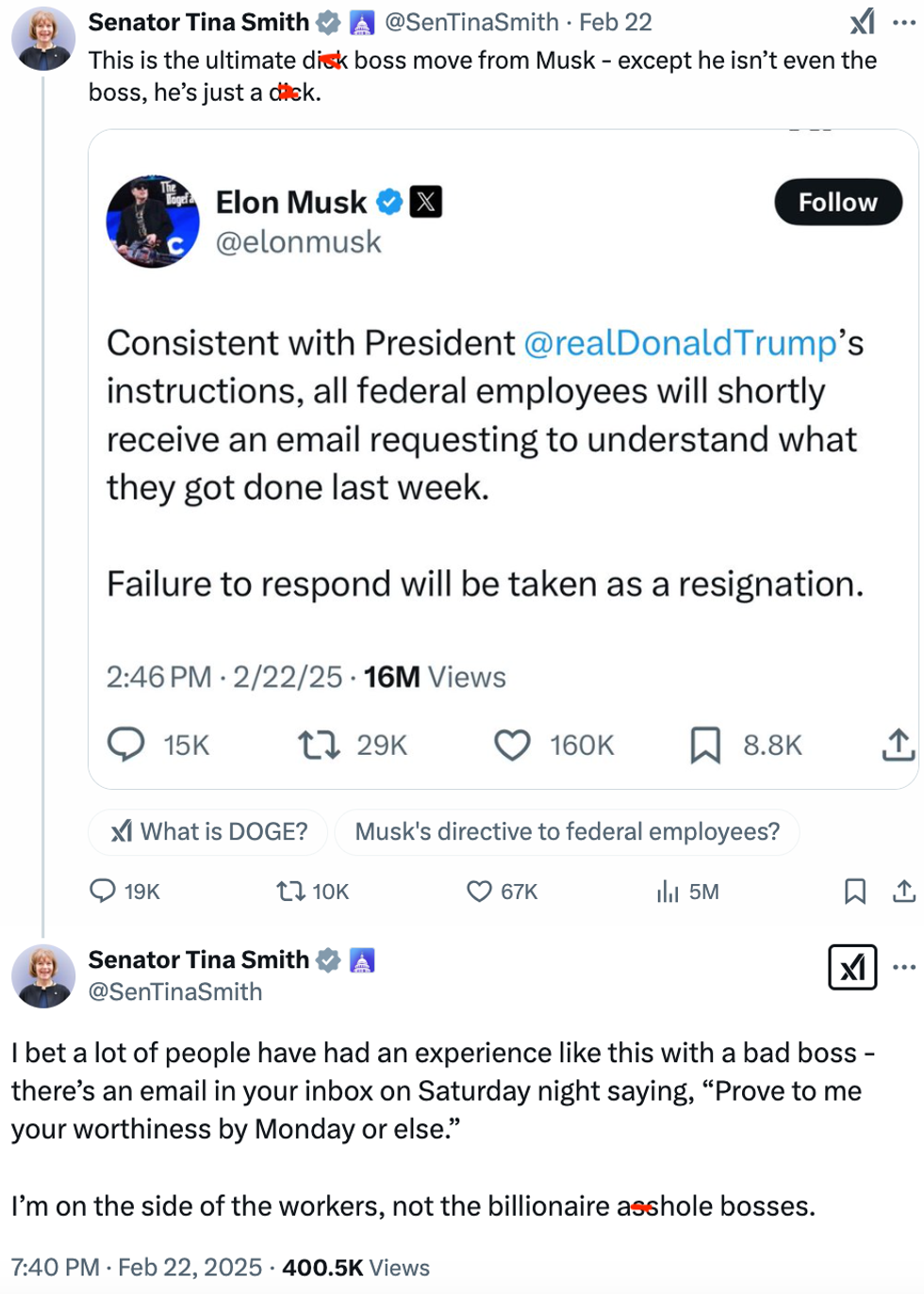 Screenshot of Tina Smith's posts