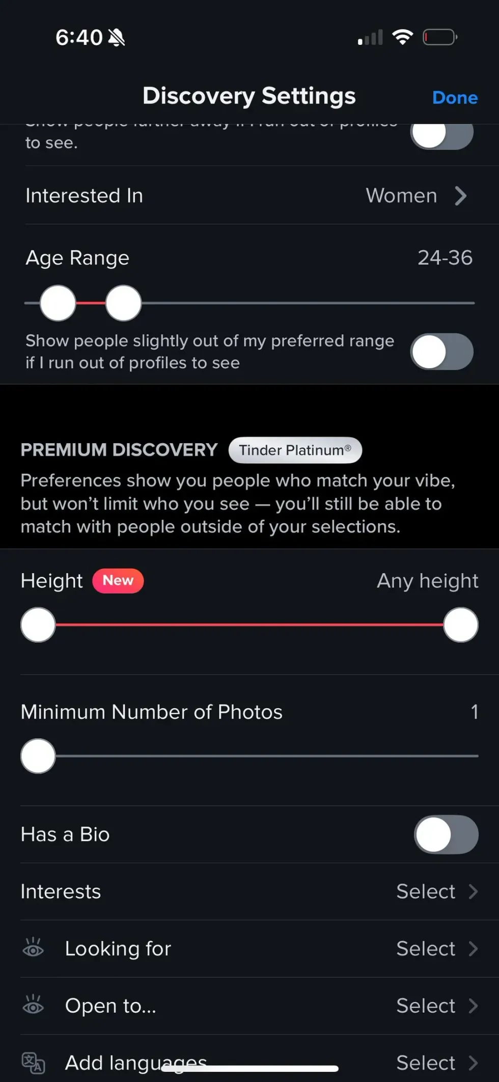 Screenshot of Tinder's height filter