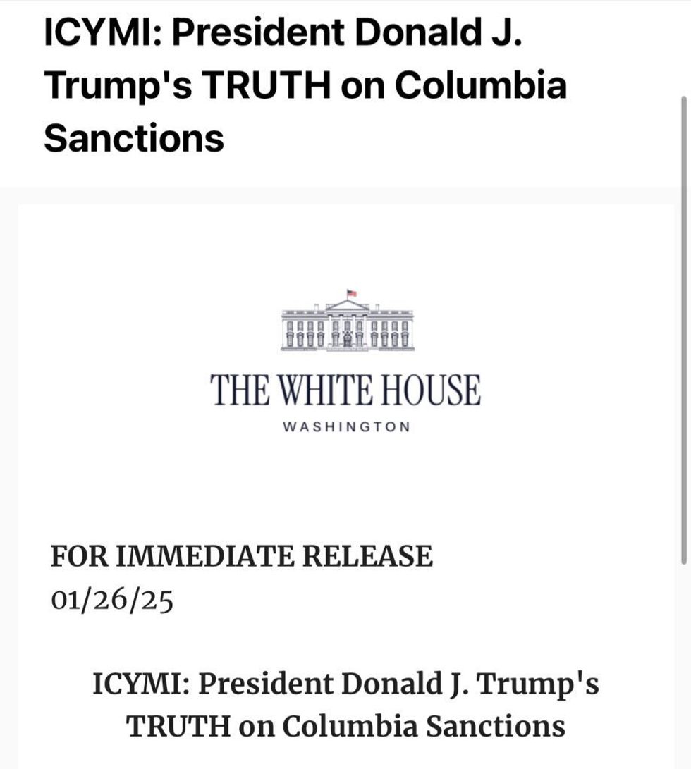 Screenshot of Trump White House's "Columbia" press release