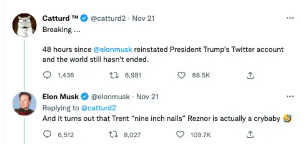 Screenshot of Twitter posts from @catturd and @elonmusk