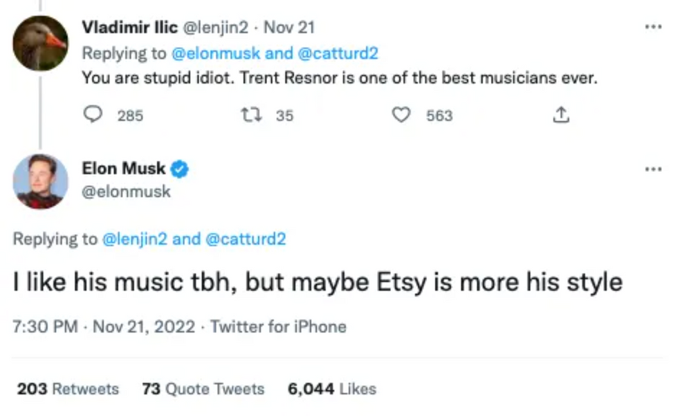 Screenshot of Twitter posts from @lenjin2 and @elonmusk