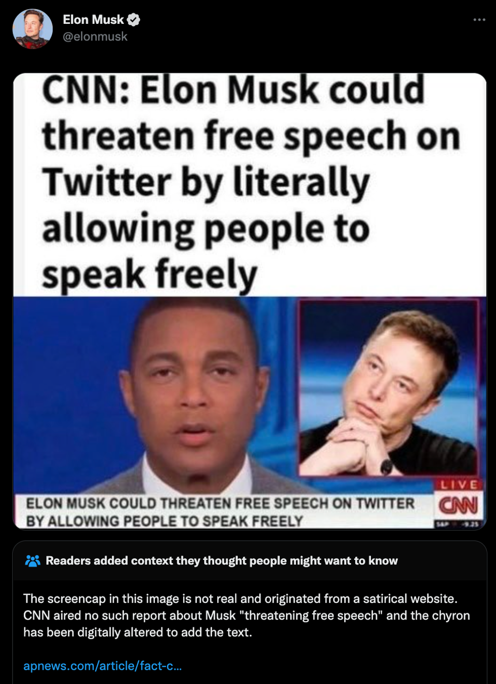 Screenshot of Twitter's fact-check of Elon Musk's tweet