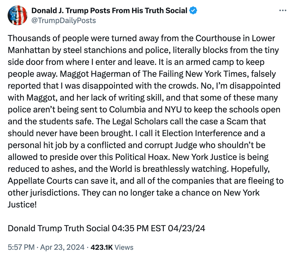 Screenshot of what Donald Trump wrote on Truth Social