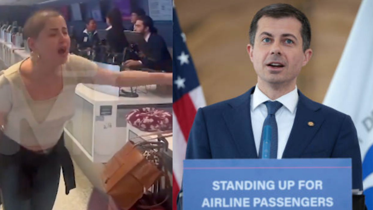 Screenshot of woman yelling at airline staff; Pete Buttigieg