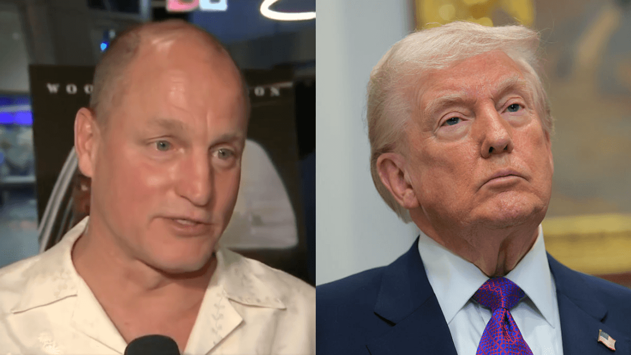 Screenshot of Woody Harrelson; Donald Trump
