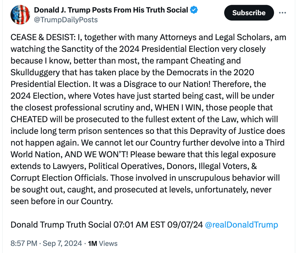 Screenshot of X post showing content of Donald Trump's Truth Social post