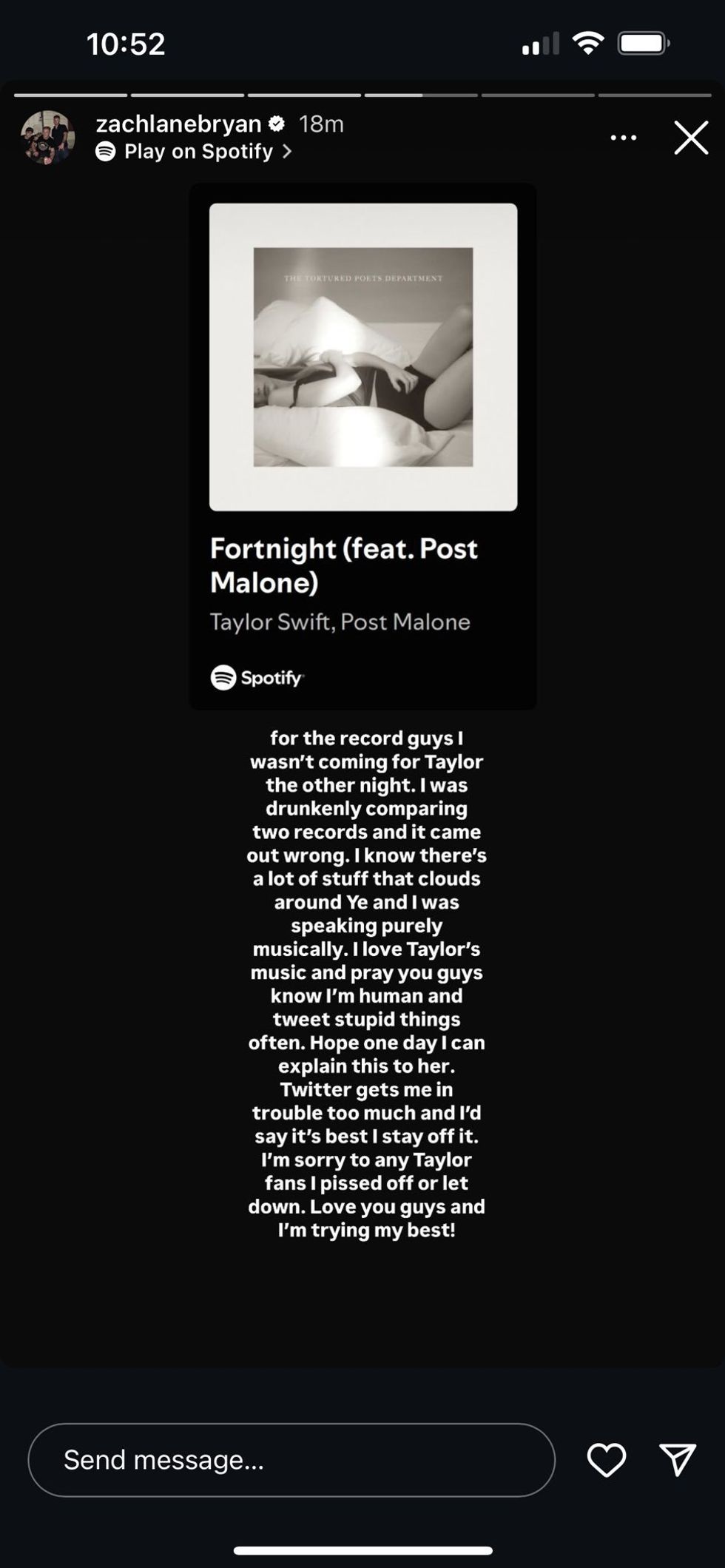 Screenshot of Zach Bryan's post on Instagram Stories