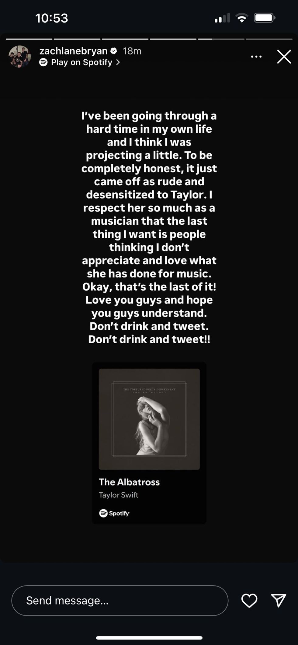 Screenshot of Zach Bryan's post on Instagram Stories