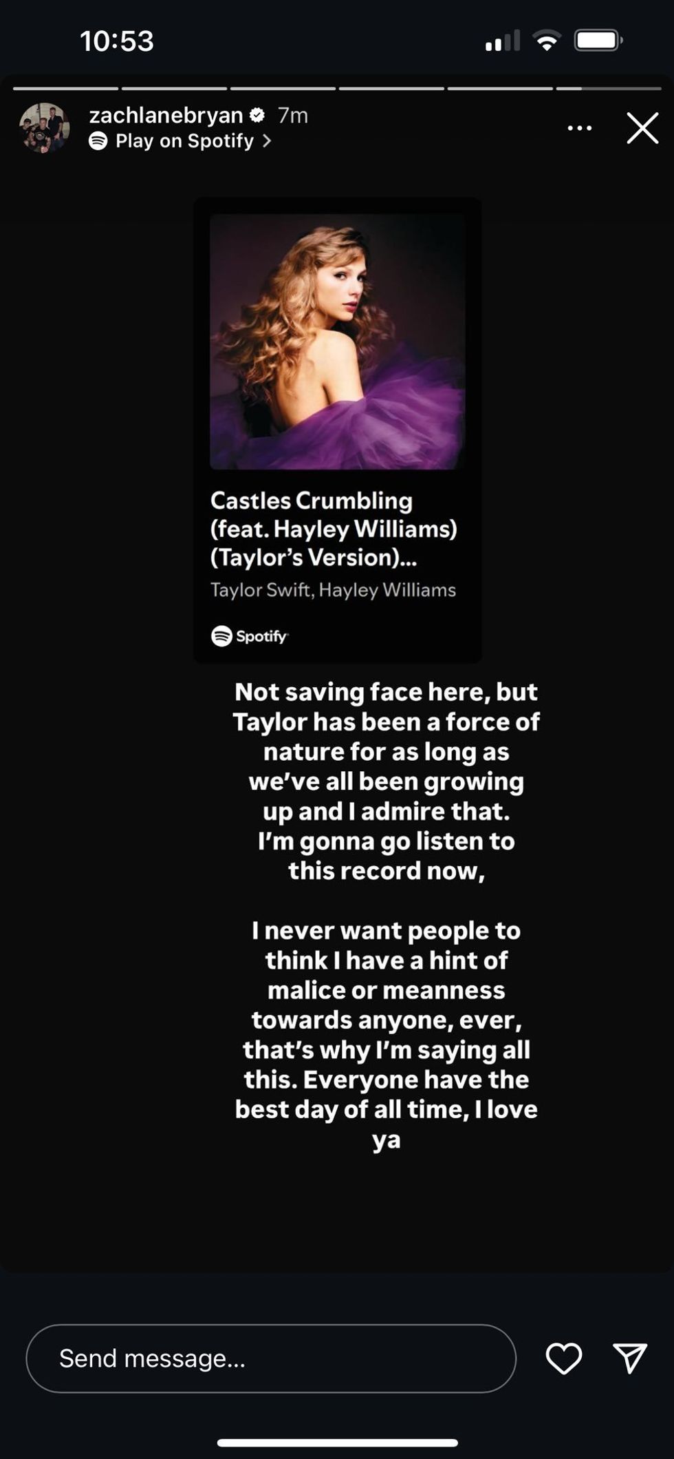 Screenshot of Zach Bryan's post on Instagram Stories