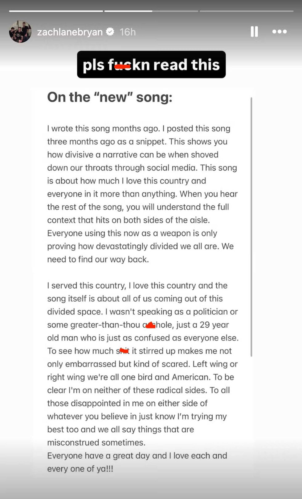 Screenshot of Zach Bryan's post