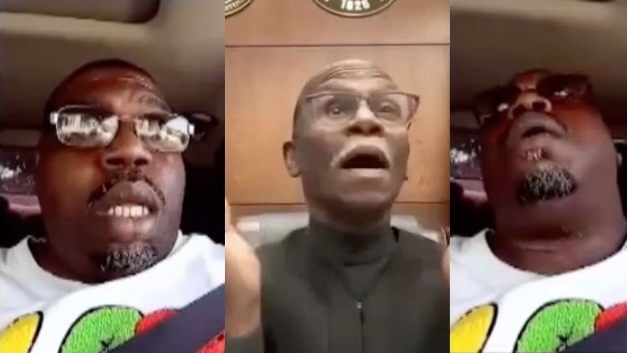 Screenshots from a Zoom call including a man driving and a judge