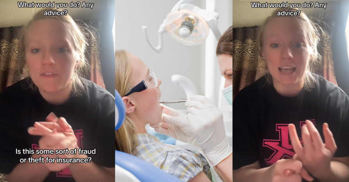 Screenshots from @aliciajoymq's TikTok video with a stock photo of a girl at the dentist in the middle