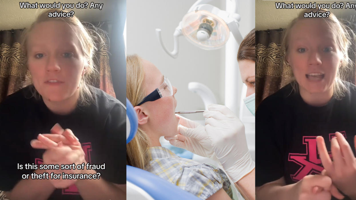 Screenshots from @aliciajoymq's TikTok video with a stock photo of a girl at the dentist in the middle