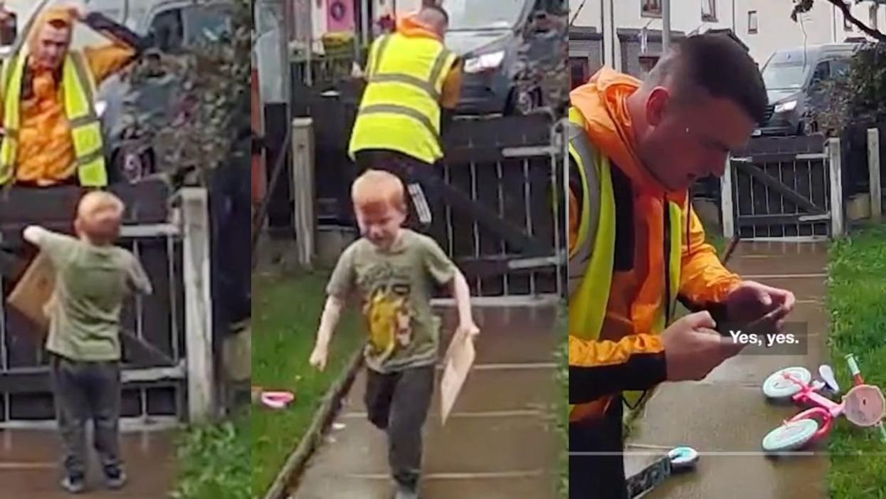 Screenshots from doorbell cam of boy seeking help from Amazon driver