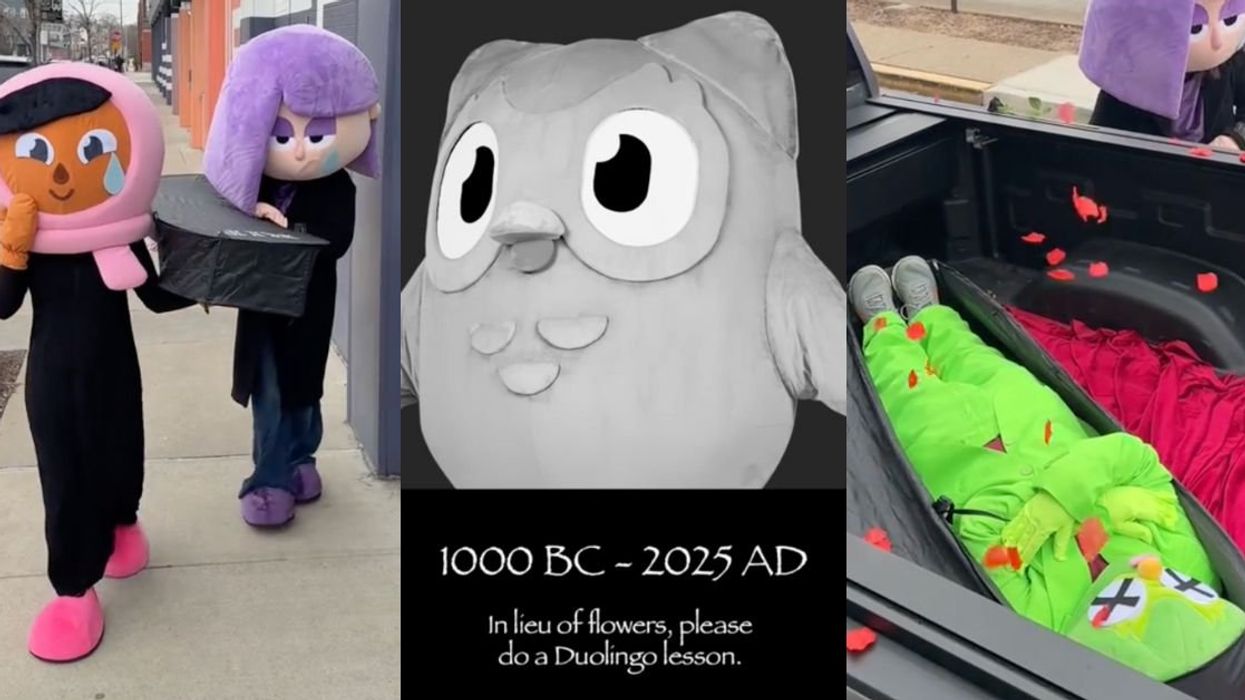 Screenshots from Duolingo's TikTok showing 'dead' mascot's funeral
