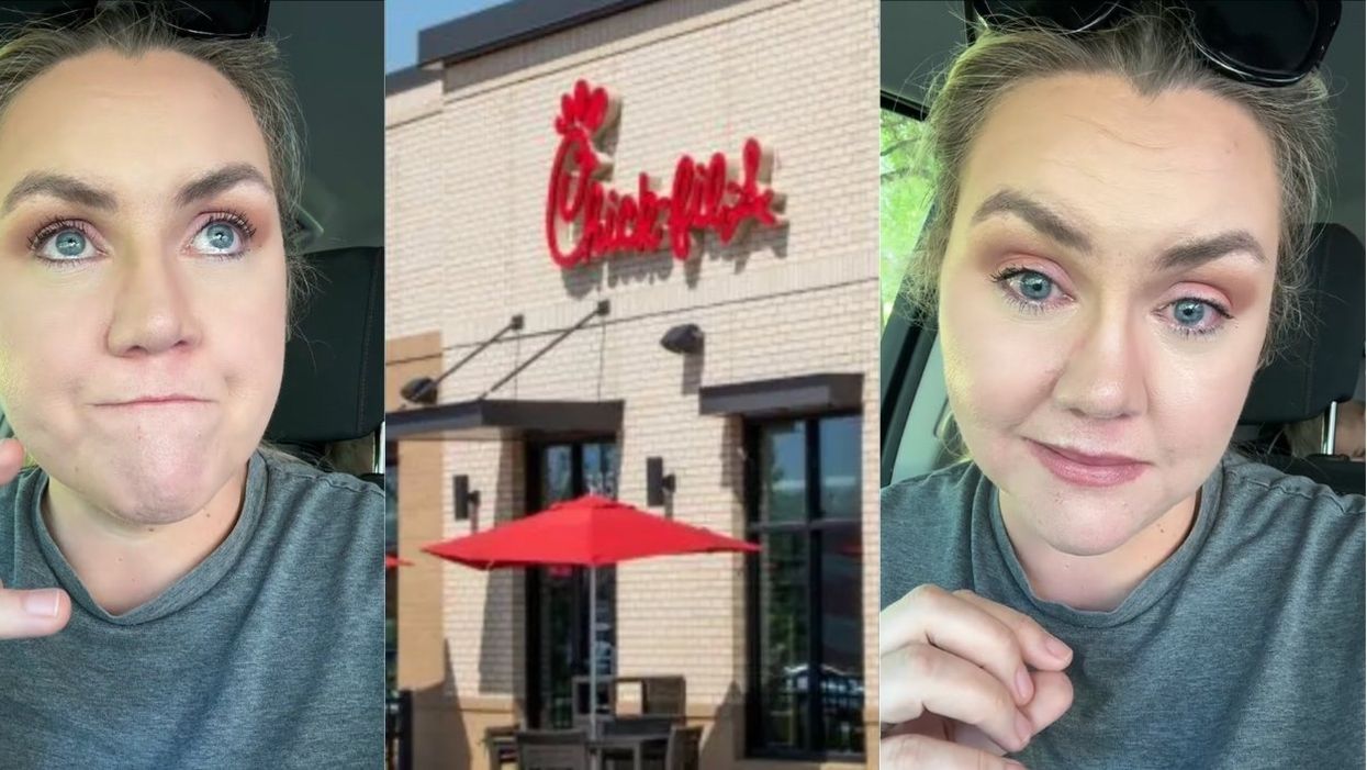 Screenshots from @heatherlynne80's TikTok video; Chick-fil-A storefront