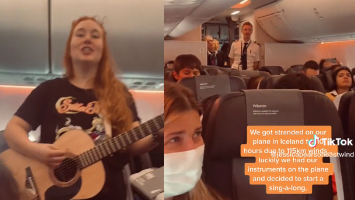 Screenshots from @jessicapearsoneastwind's video of her band singing on the flight