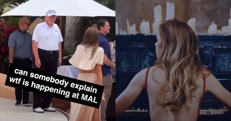 Screenshots from Lincoln Project video of Trump and woman playing the organ