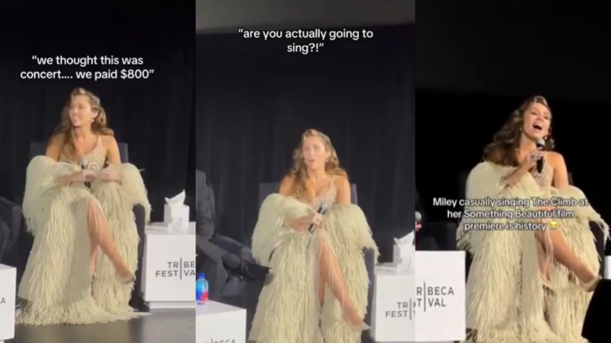 Screenshots from @MileyEdition's Twitter (X) video of Cyrus singing to heckling fans at the Tribeca Film Festival