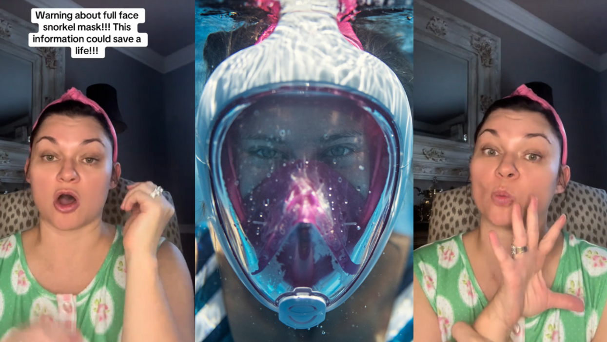 Screenshots from mskimmerling's TikTok video; image of person wearing a full-face snorkeling mask