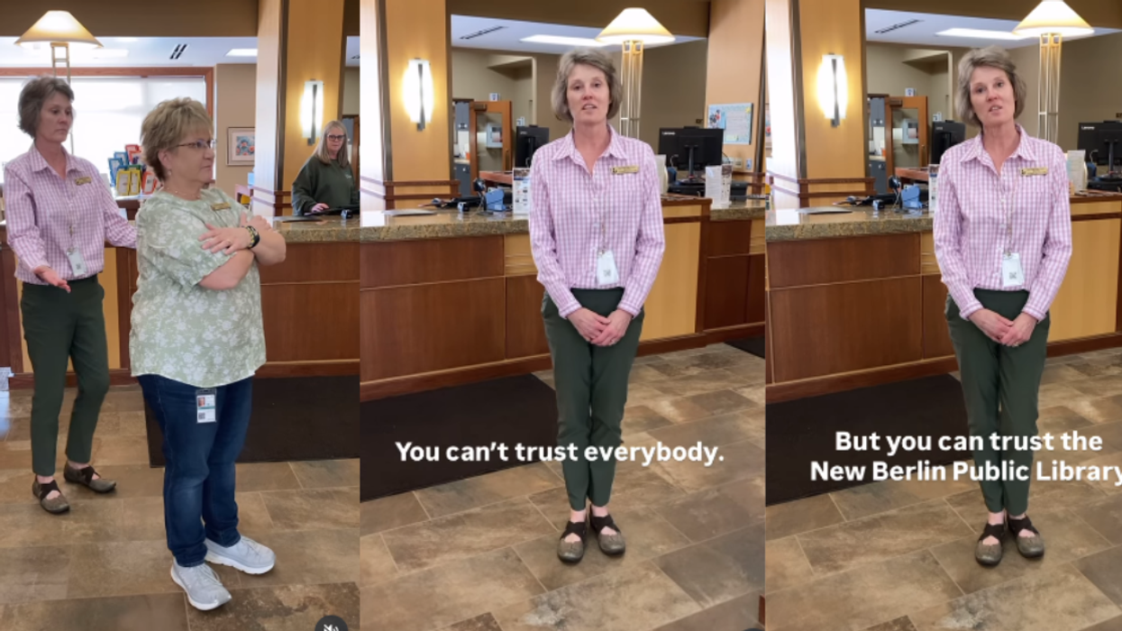 Screenshots from New Berlin Public Library's 'trust fall' skit