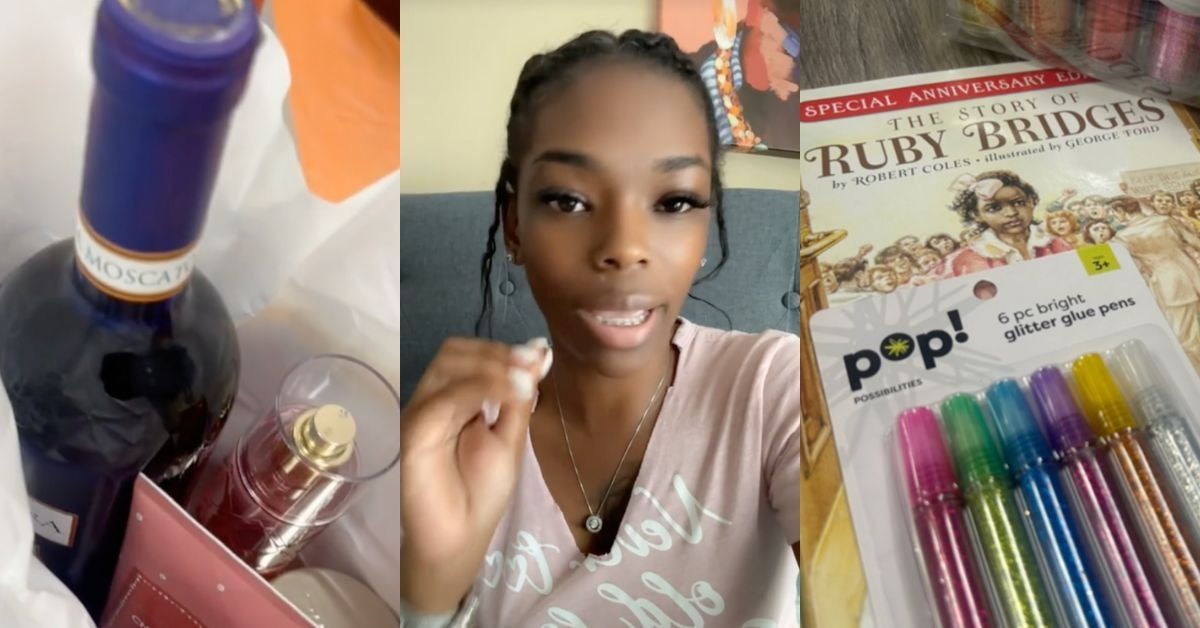 Screenshots from @pearlminks' TikTok video showing Secret Santa gift items