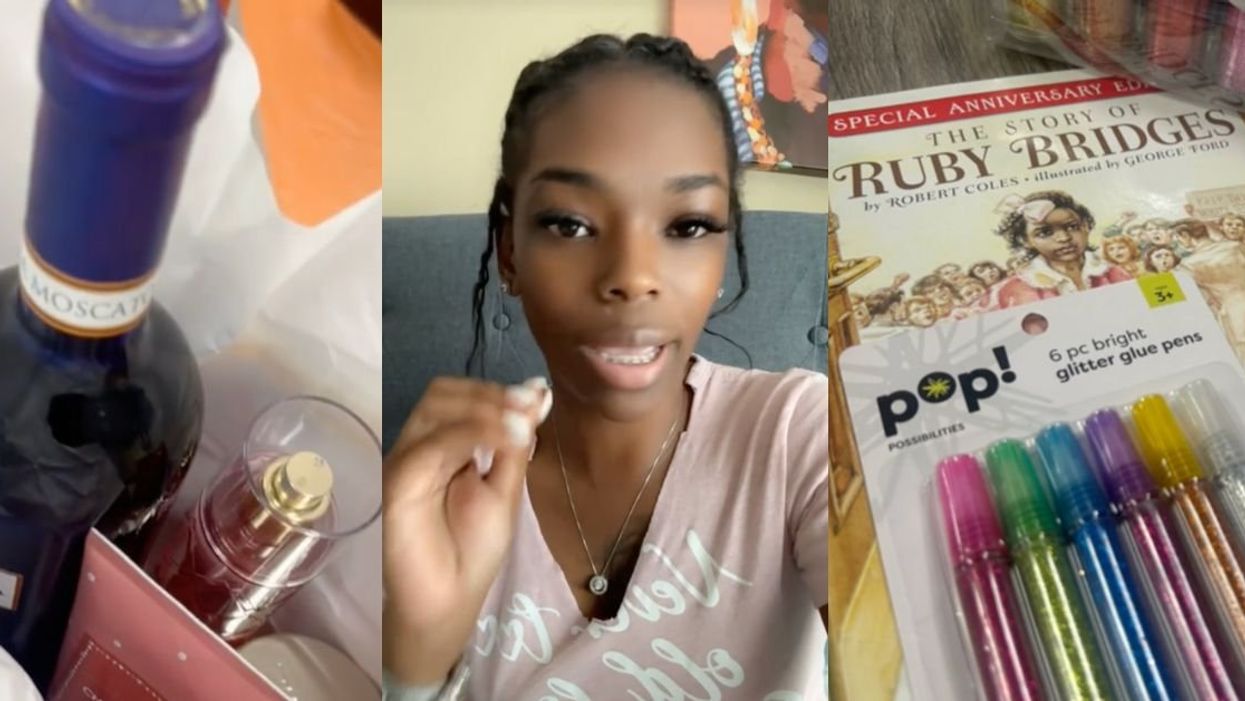 Screenshots from @pearlminks' TikTok video showing Secret Santa gift items