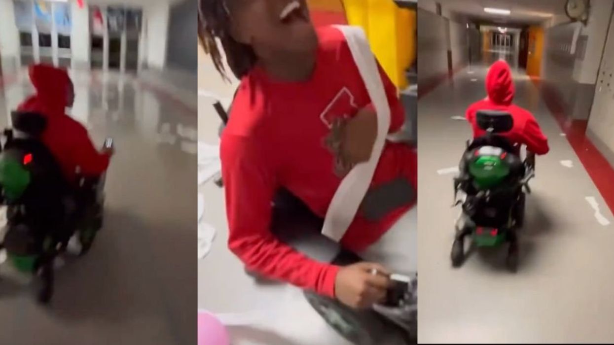 Screenshots from prank video of a student in a motor wheelchair