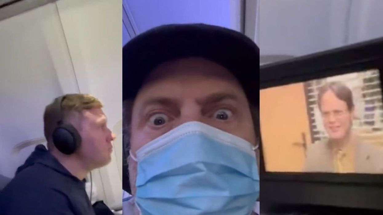 Screenshots from Rainn Wilson's Instagram video of him next to a passenger watching "The Office"