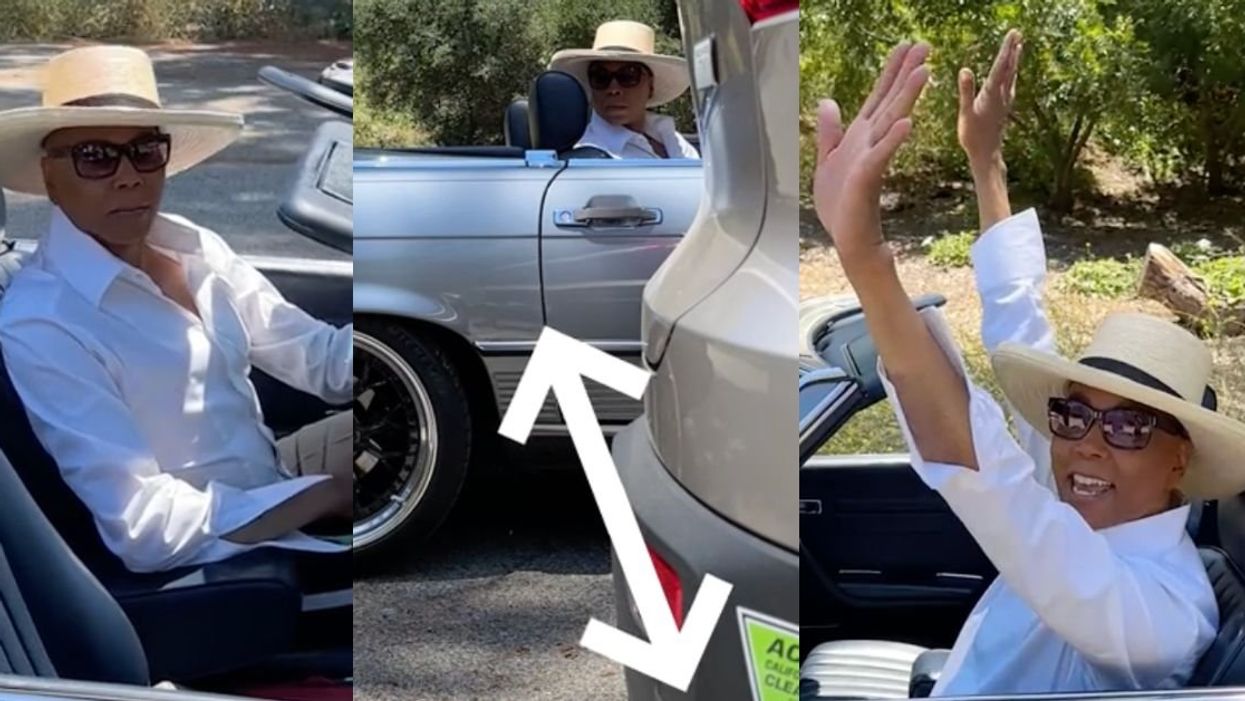 Screenshots from RuPaul's TikTok video of him demonstrating how to parallel park