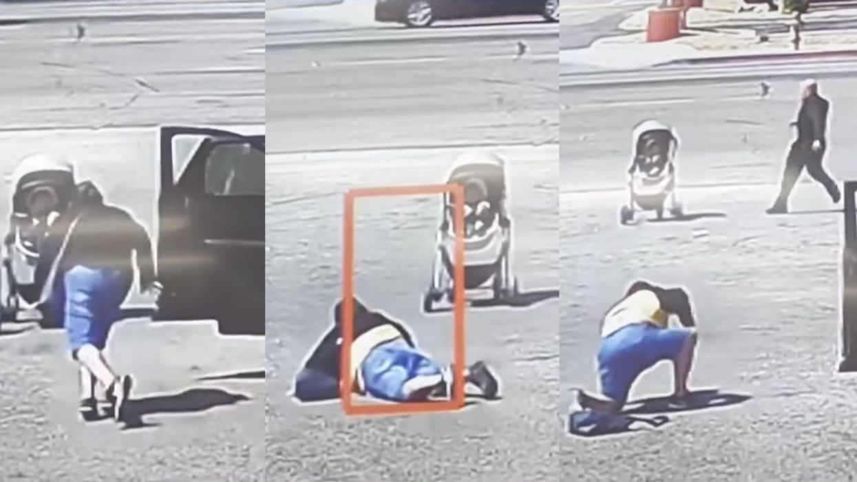 Screenshots from security video of the man rescuing the baby