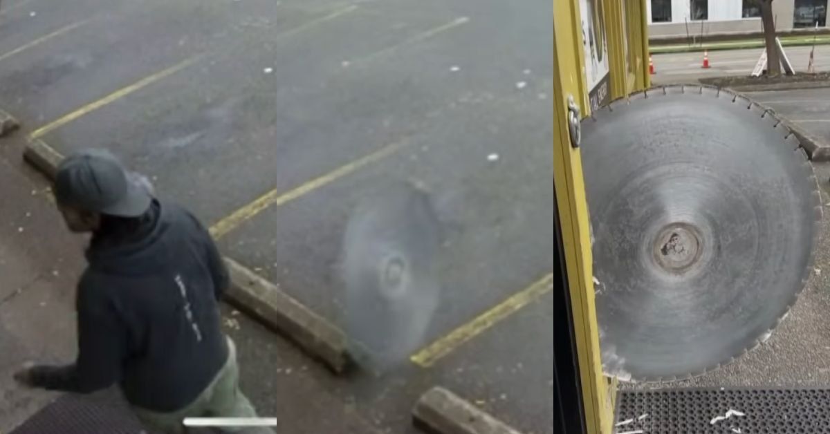 Screenshots from surveillance footage of a man and the charging saw blade
