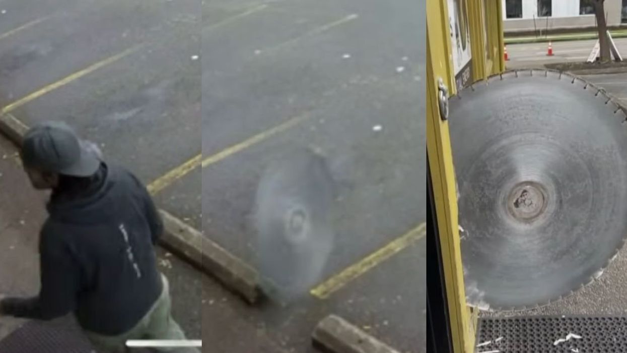 Screenshots from surveillance footage of a man and the charging saw blade