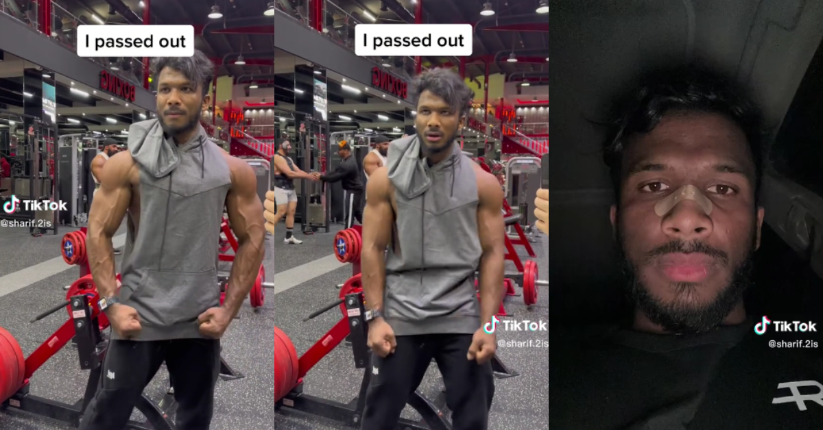 Screenshots from the TikTok video showing Sharif flexing, passing out, and then laying down with a band-aid on his nose