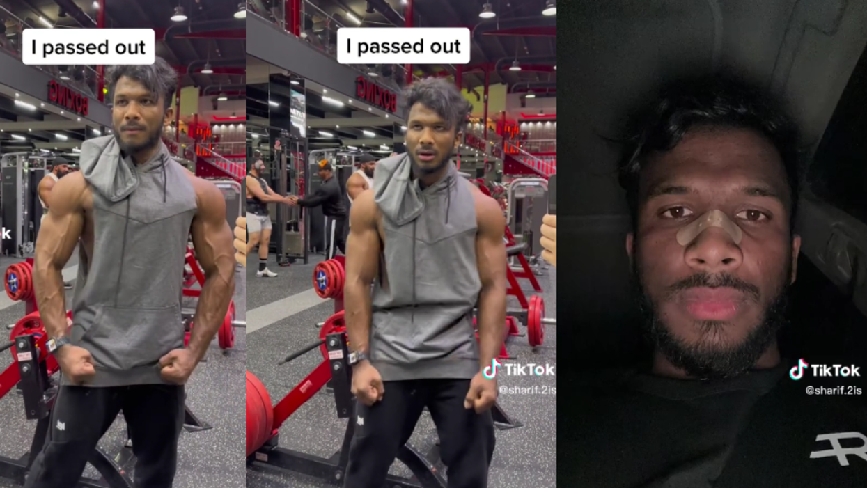 Screenshots from the TikTok video showing Sharif flexing, passing out, and then laying down with a band-aid on his nose