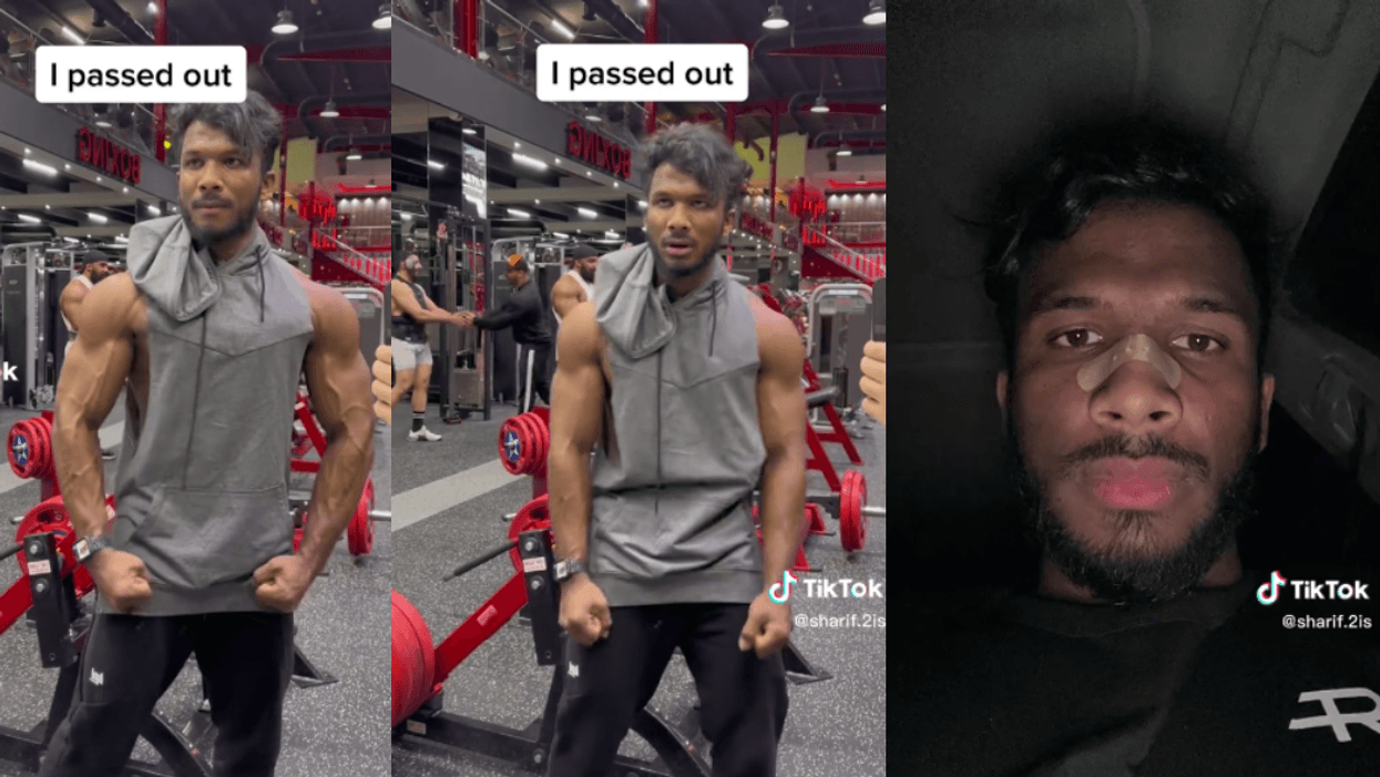 Screenshots from the TikTok video showing Sharif flexing, passing out, and then laying down with a band-aid on his nose