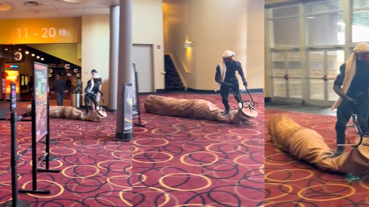 Screenshots from TikTok of 'Dune: Part Two' fan riding sandworm through AMC lobby