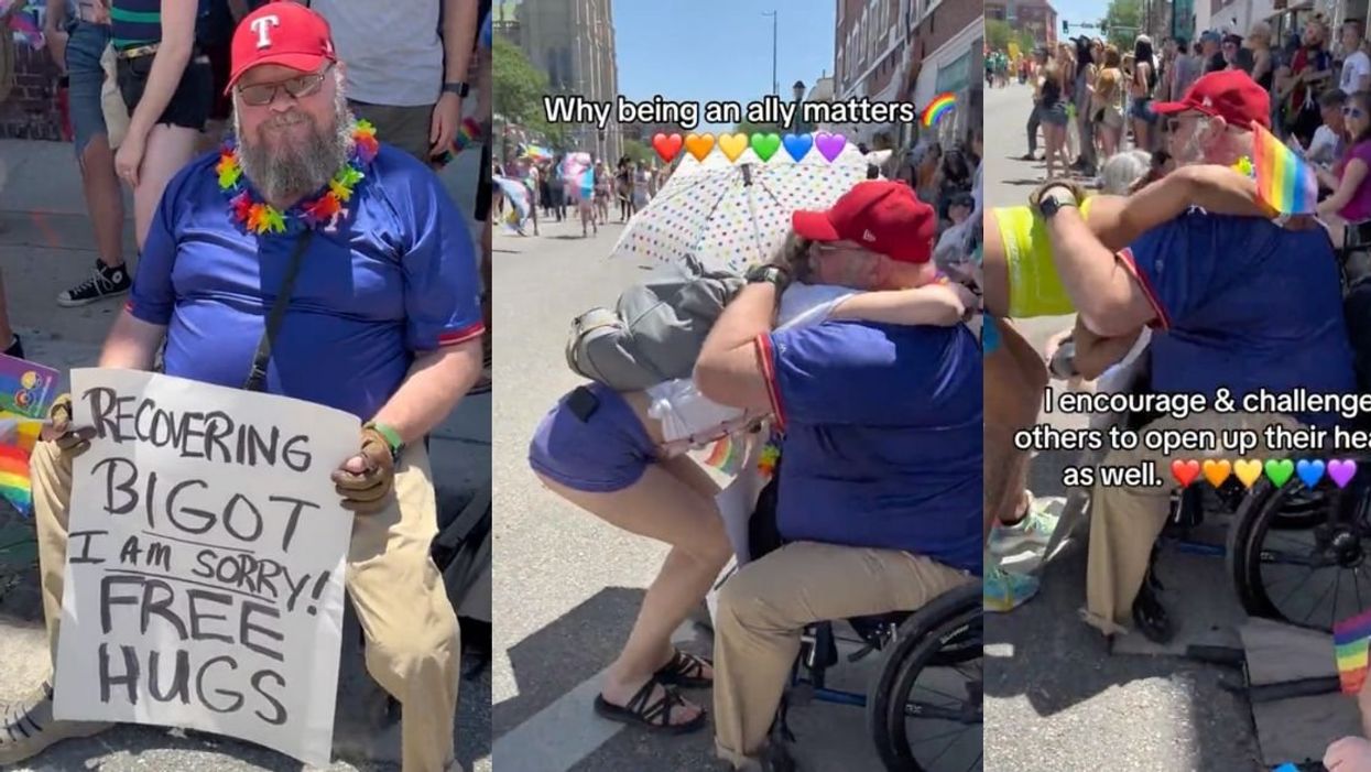 screenshots from tiktok of man giving hugs at pride