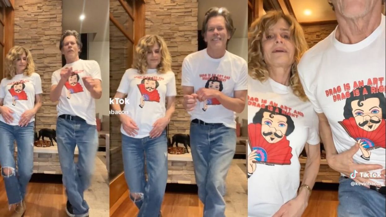Screenshots from TikTok video of Kevin Bacon and Kyra Sedgwick dancing