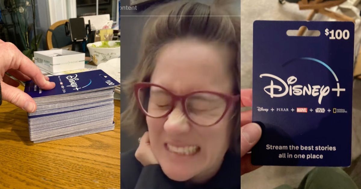 Screenshots from TikToker @aofthcoast's video showing a stock of $100K worth in Disney+ gift cards