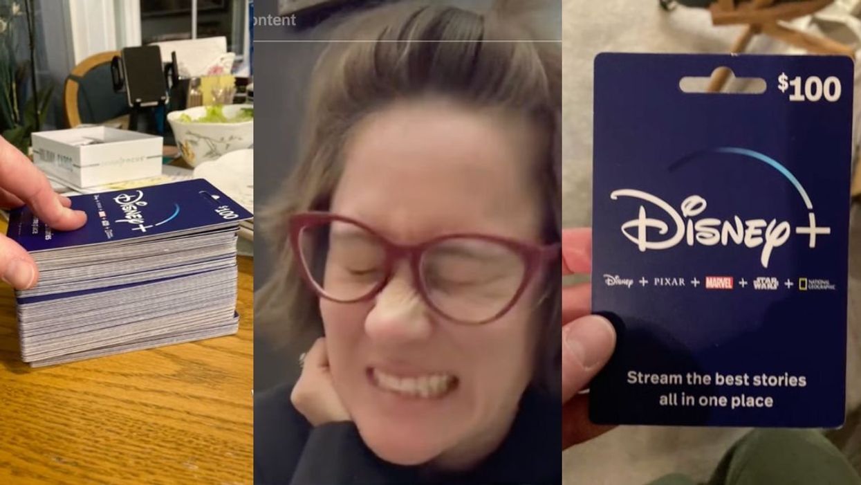 Screenshots from TikToker @aofthcoast's video showing a stock of $100K worth in Disney+ gift cards