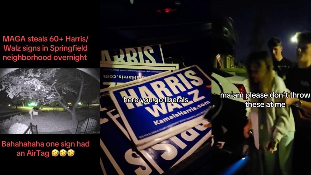 screenshots from TikToks about Harris Walz signs being stolen