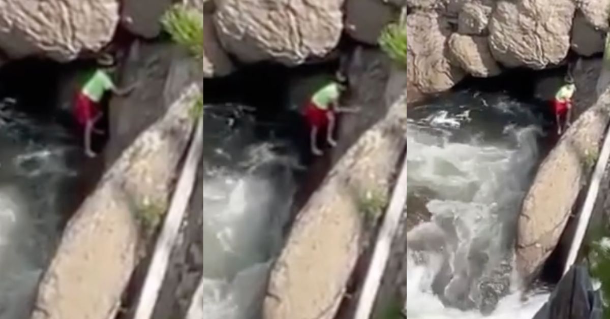 Screenshots from video of a child climbing on rocks near raging river