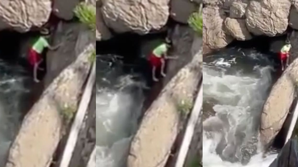 Screenshots from video of a child climbing on rocks near raging river
