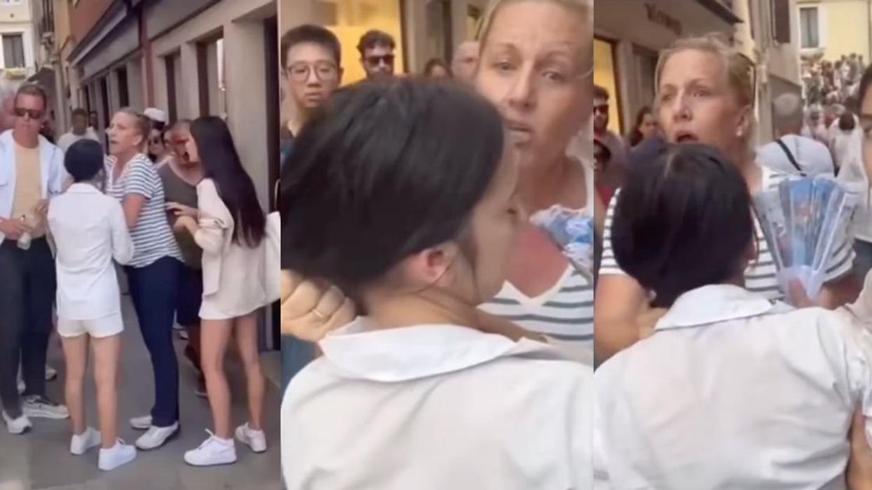 Screenshots from video of American mom detaining pickpockets in Venice